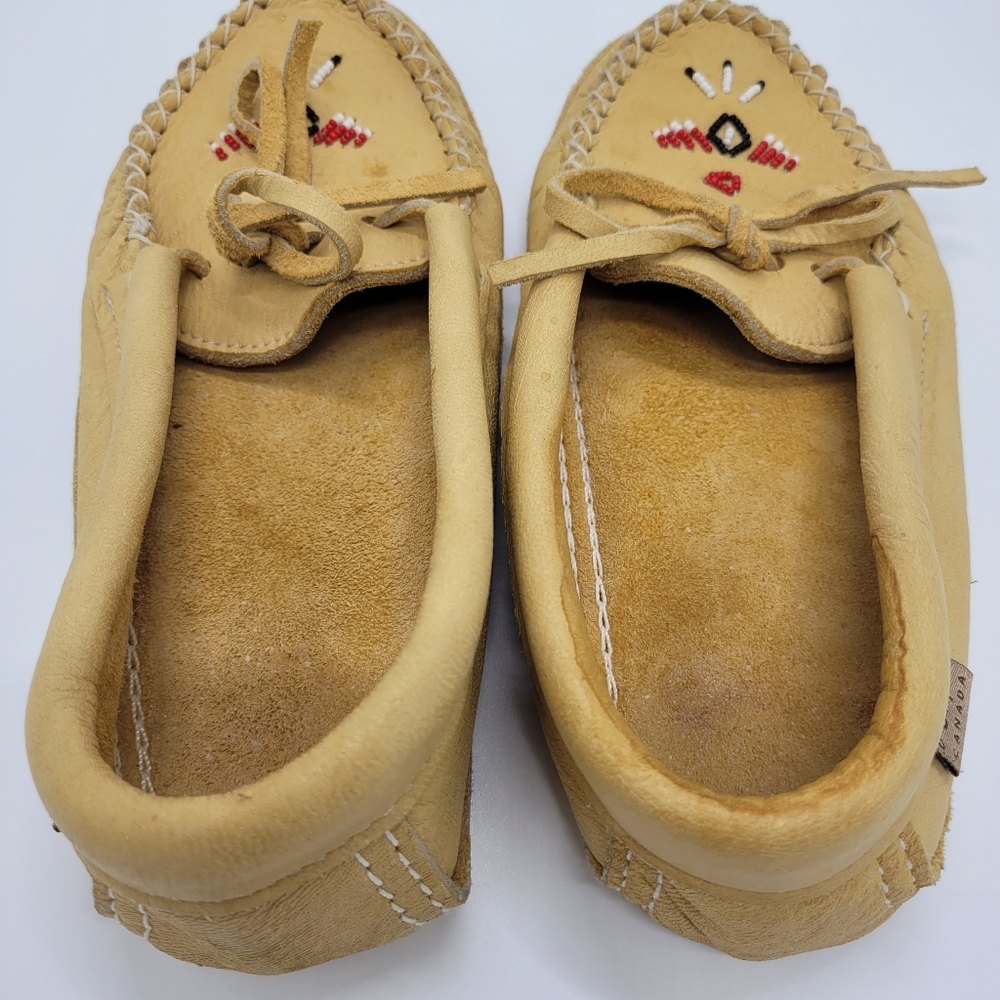 Laurentian Chief Moccasins Tan Moosehide Beaded Canada Style 7463 Womens Size 7 - Picture 7 of 16